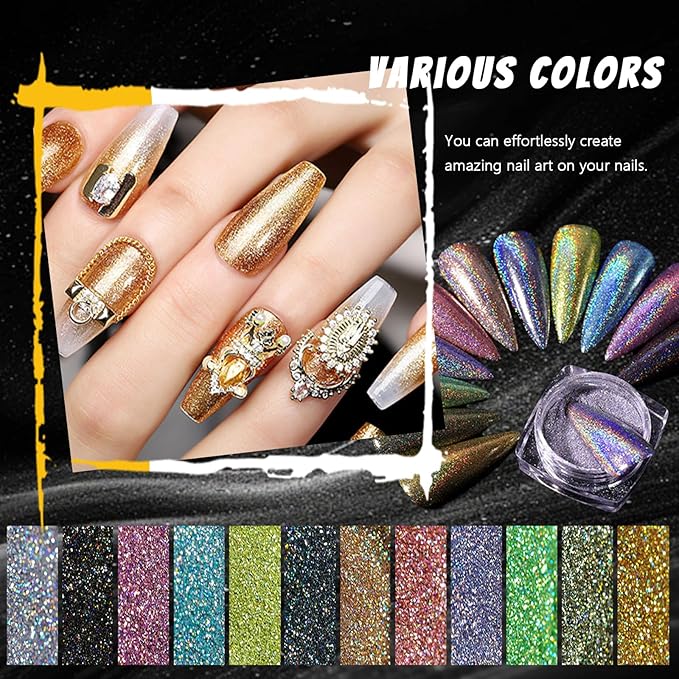 MKNZOME 12 Colors Nail Glitter Chrome Holographic Nail Powder Ultra Fine Laser Chameleon Rainbow Blue Black Gold Silver Powder Set for Nail Art Tips Manicure Design Decoration - Image 5