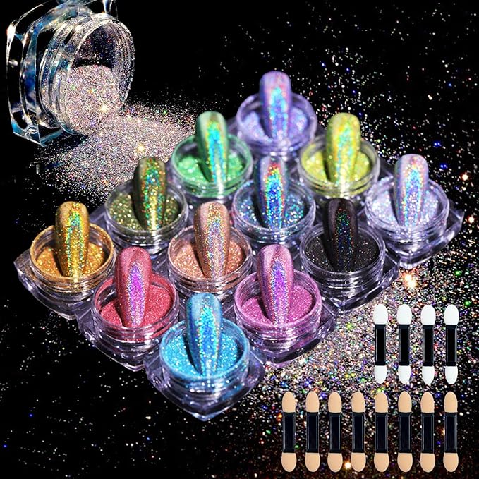 MKNZOME 12 Colors Nail Glitter Chrome Holographic Nail Powder Ultra Fine Laser Chameleon Rainbow Blue Black Gold Silver Powder Set for Nail Art Tips Manicure Design Decoration - Image 1