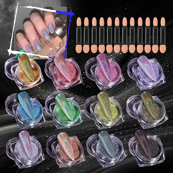 MKNZOME 12 Colors Nail Glitter Chrome Holographic Nail Powder Ultra Fine Laser Chameleon Rainbow Blue Black Gold Silver Powder Set for Nail Art Tips Manicure Design Decoration - Image 2
