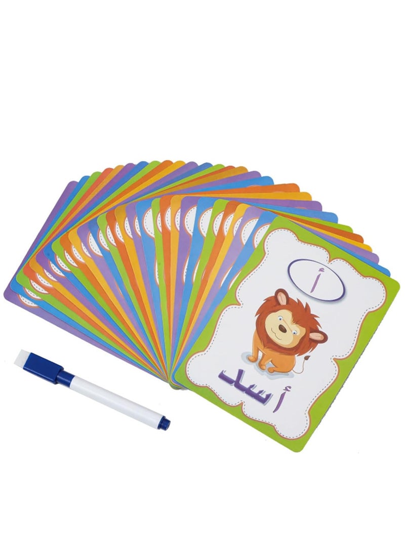الاسامكو مجموعة بطاقات تعليمية ملونة بتصميم حروف ابجدية عربية مكونة من 28 قطعة، مجموعة العاب تعليمية تفاعلية مع قلم ماركر للاطفال للتدرب والكتابة (عربي) - Image 1