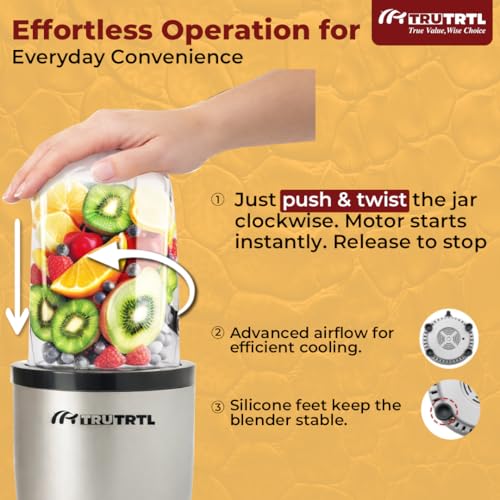 truTRTL Mr. TRU Nutri Insta Mixer Grinder for Home and Kitchen | Masala, Chutney & Smoothie Maker | 500W (3 Jars & 2 Blades, Silver) with Sipper Cap | 2 Years Warranty | Perfect for Gifting - Image 3