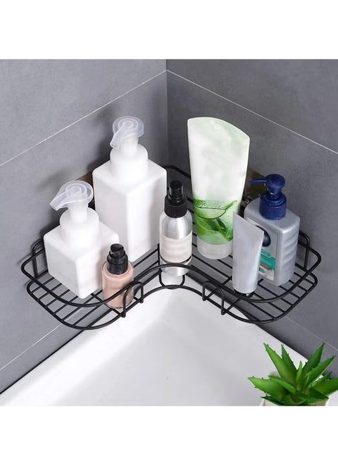 Metal bathroom corner shelf with rust-resistant adhesive sticker with a basket design to prevent water from accumulating in it to organize all bathroom accessories. Painted with high-quality paint