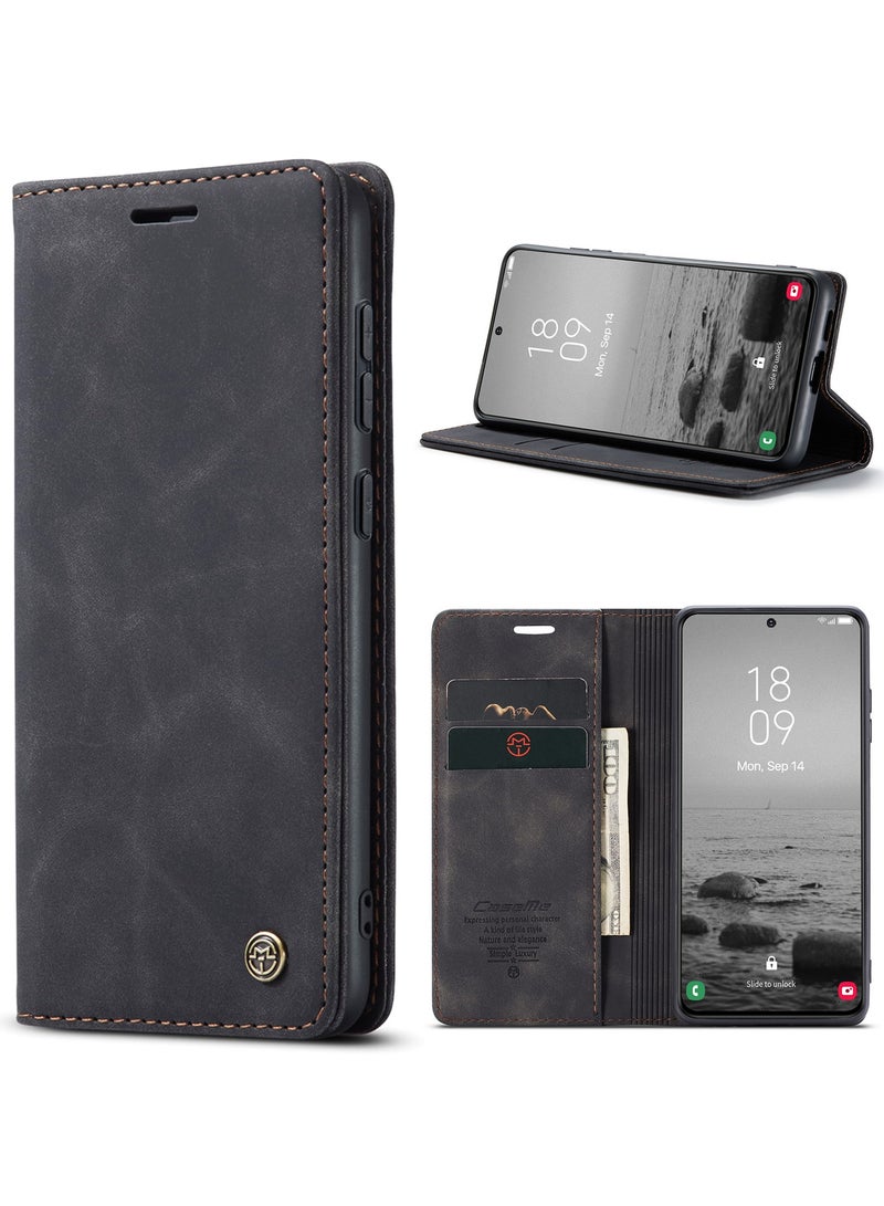 CaseMe Samsung Galaxy S23 Plus Wallet Case Book Folding Flip Folio Case with Magnetic Kickstand Card Slots Protective Cover - Black - Image 1