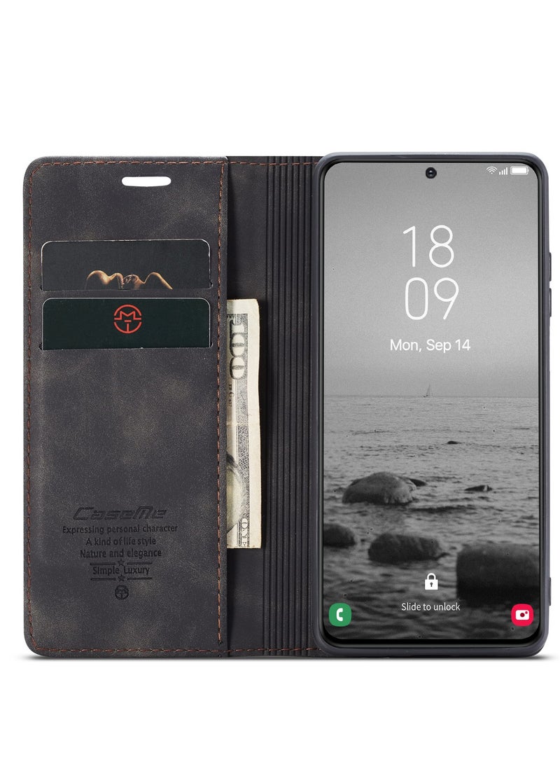 CaseMe Samsung Galaxy S23 Plus Wallet Case Book Folding Flip Folio Case with Magnetic Kickstand Card Slots Protective Cover - Black - Image 3