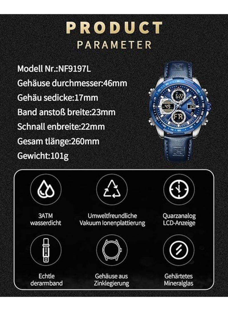 NAVIFORCE Men's Military Digital Watches Analog Quartz Waterproof Watch Sport Multifunctional Leather Chronograph Wristwatch NF9197L - Image 4