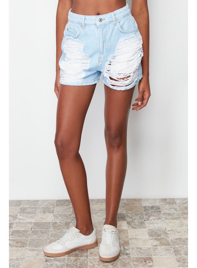 trendyol Light Blue Ripped High Waist Mini Denim Shorts & Bermuda TWOSS24SR00083  - Image 4