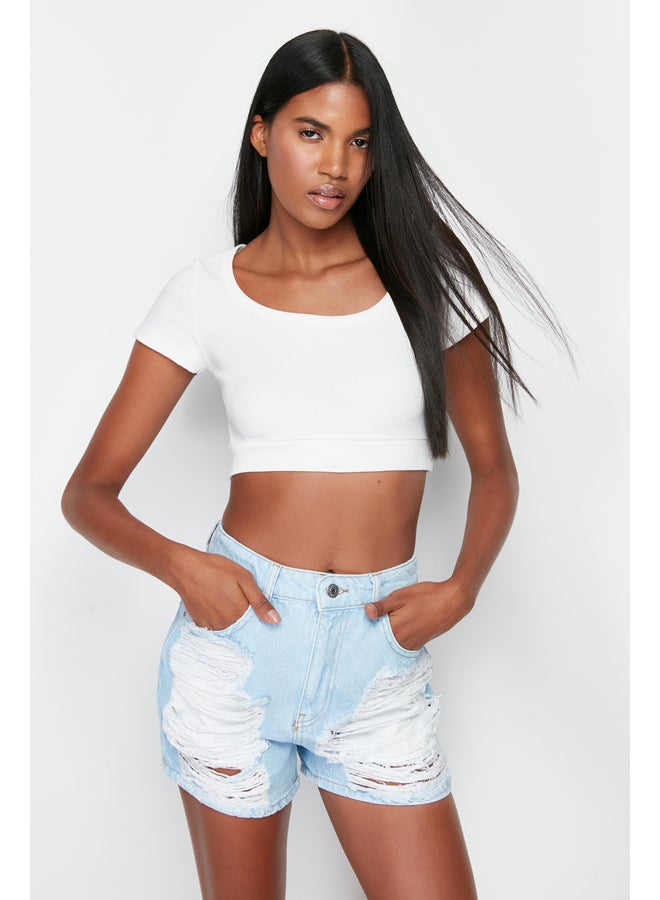 trendyol Light Blue Ripped High Waist Mini Denim Shorts & Bermuda TWOSS24SR00083  - Image 3