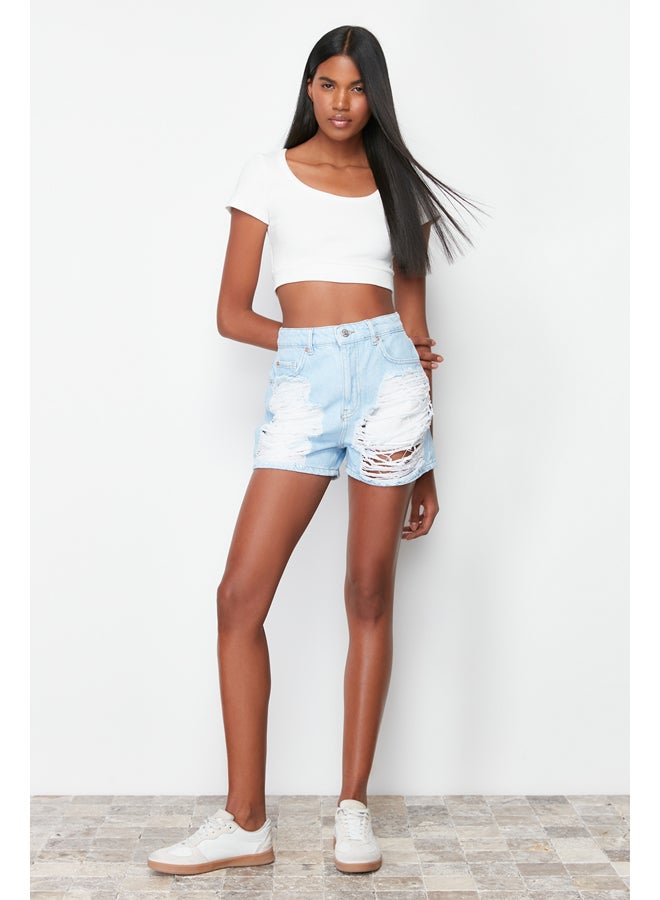 trendyol Light Blue Ripped High Waist Mini Denim Shorts & Bermuda TWOSS24SR00083  - Image 1