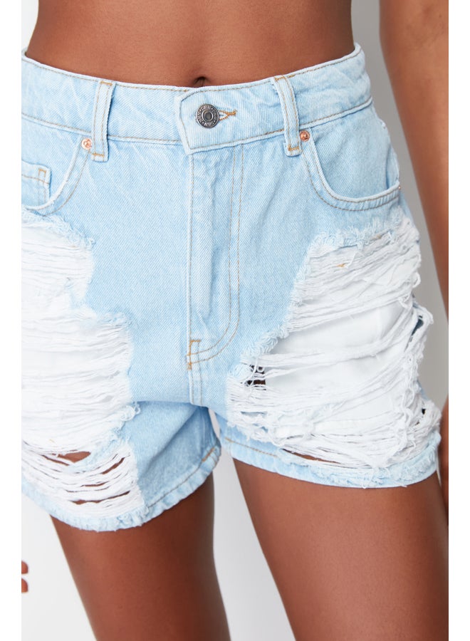 trendyol Light Blue Ripped High Waist Mini Denim Shorts & Bermuda TWOSS24SR00083  - Image 5