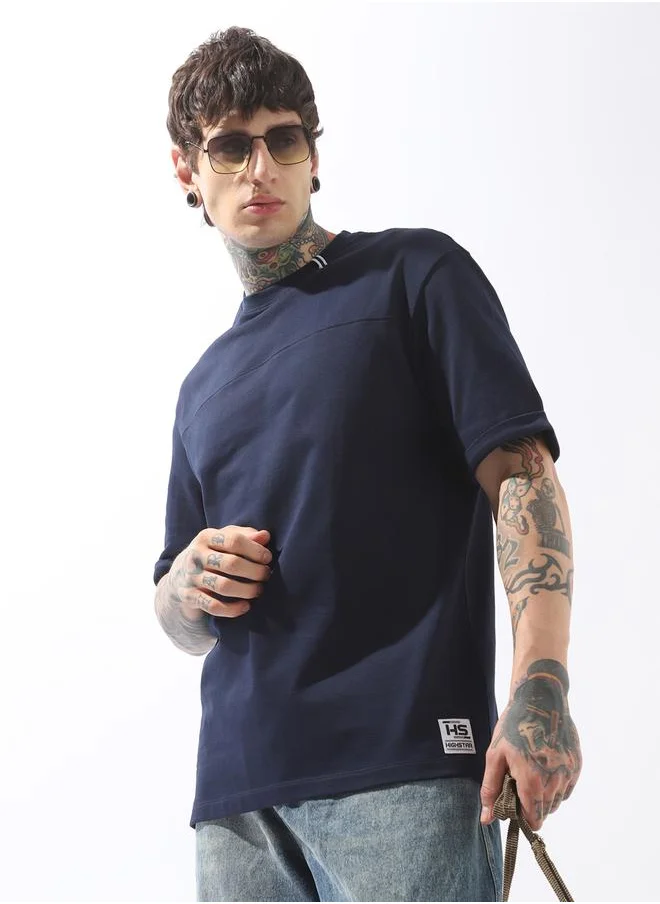 هاي ستار Men's Blue 100% Cotton Solid Pattern Relaxed T-Shirt