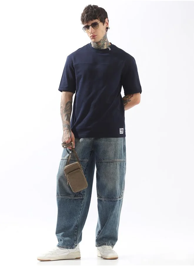 هاي ستار Men's Blue 100% Cotton Solid Pattern Relaxed T-Shirt