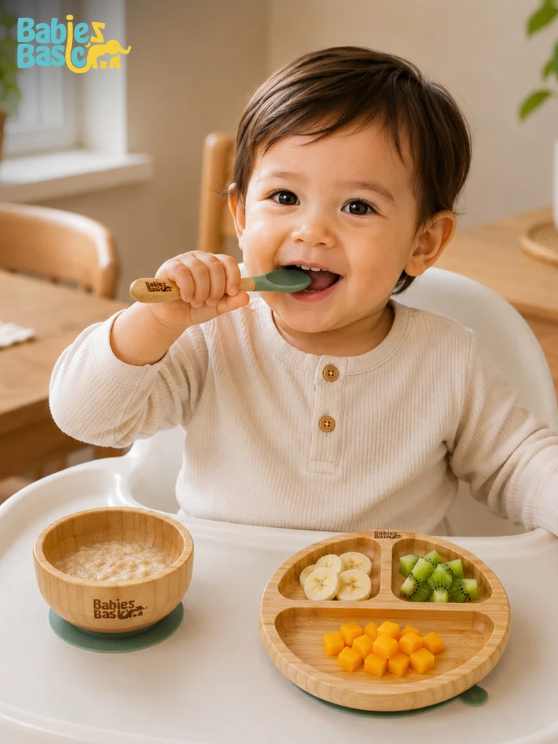 Babies Basic Babies Basic Bamboo plate, Bowl with suction and Silicone Spoon for Kids, Green