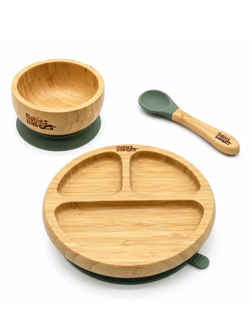 Babies Basic Babies Basic Bamboo plate, Bowl with suction and Silicone Spoon for Kids, Green