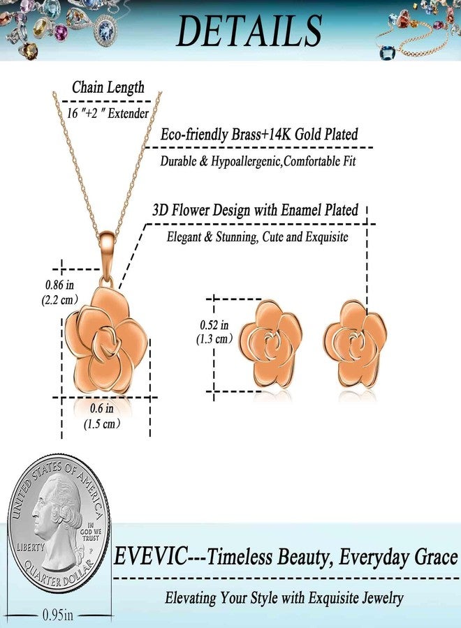 إيفيفك طقم مجوهرات إيفيفيك مكون من قلادة وأقراط على شكل زهرة الورد للنساء، مطلي بالذهب عيار 18 قيراط، مضاد للحساسية - Image 4