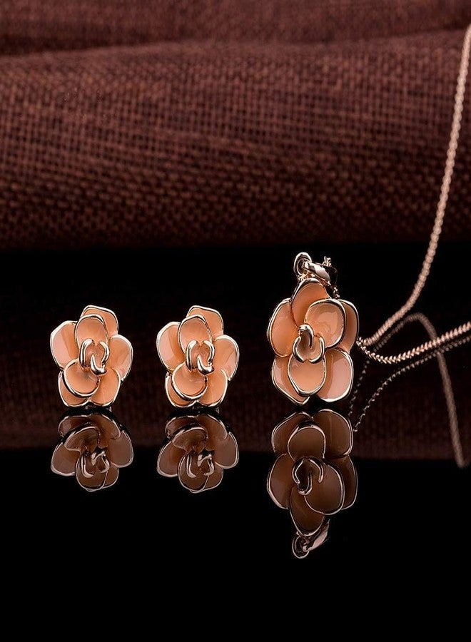 إيفيفك طقم مجوهرات إيفيفيك مكون من قلادة وأقراط على شكل زهرة الورد للنساء، مطلي بالذهب عيار 18 قيراط، مضاد للحساسية - Image 5