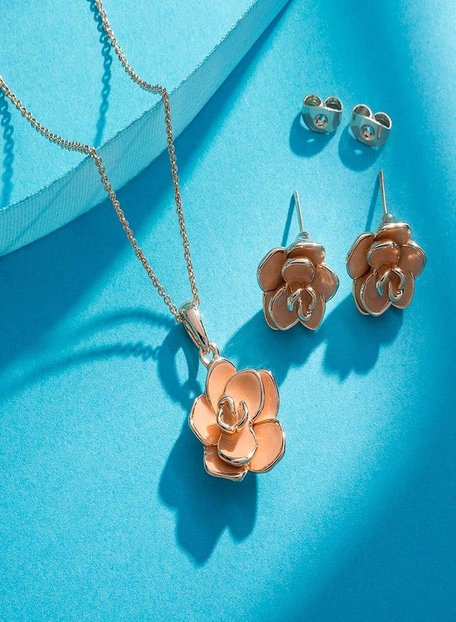 إيفيفك طقم مجوهرات إيفيفيك مكون من قلادة وأقراط على شكل زهرة الورد للنساء، مطلي بالذهب عيار 18 قيراط، مضاد للحساسية - Image 3