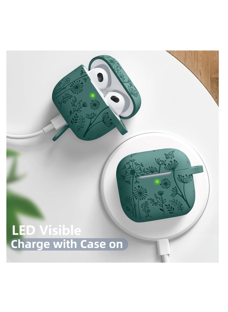 Aookay - For Apple Airpod 4/Airpods 4th Generation/Airpod 4th Gen Case Cover with Keychain Accessories, Flower Engraved Case Silicone Skin Cover Shock Resistant, Full Protection,Front LED Visible (Pine Green) - Image 1