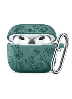 Aookay For Apple Airpod 4/Airpods 4th Generation/Airpod 4th Gen Case Cover with Keychain Accessories, Flower Engraved Case Silicone Skin Cover Shock Resistant, Full Protection,Front LED Visible (Pine Green)  - Image 1