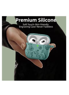 Aookay For Apple Airpod 4/Airpods 4th Generation/Airpod 4th Gen Case Cover with Keychain Accessories, Flower Engraved Case Silicone Skin Cover Shock Resistant, Full Protection,Front LED Visible (Pine Green)  - Image 4
