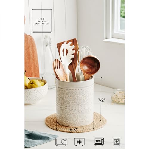 MIKIGEY Kitchen Utensil Holder, 7 Inches Large Ceramic Utensil Holder for Countertop, Lace Emboss Cooking Utensil Crocks for Kitchen, Home Decor, Off-White - Image 4