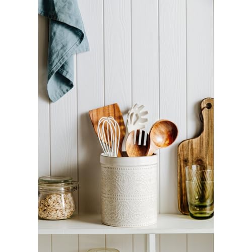 MIKIGEY Kitchen Utensil Holder, 7 Inches Large Ceramic Utensil Holder for Countertop, Lace Emboss Cooking Utensil Crocks for Kitchen, Home Decor, Off-White - Image 3