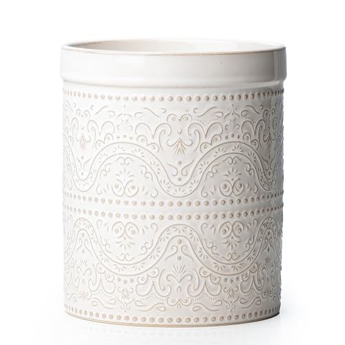 MIKIGEY Kitchen Utensil Holder, 7 Inches Large Ceramic Utensil Holder for Countertop, Lace Emboss Cooking Utensil Crocks for Kitchen, Home Decor, Off-White - Image 1