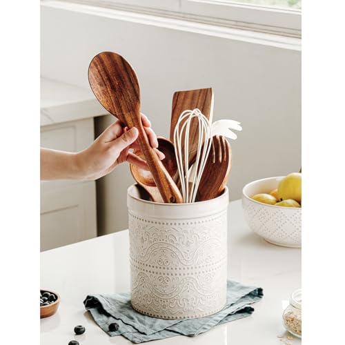 MIKIGEY Kitchen Utensil Holder, 7 Inches Large Ceramic Utensil Holder for Countertop, Lace Emboss Cooking Utensil Crocks for Kitchen, Home Decor, Off-White - Image 2