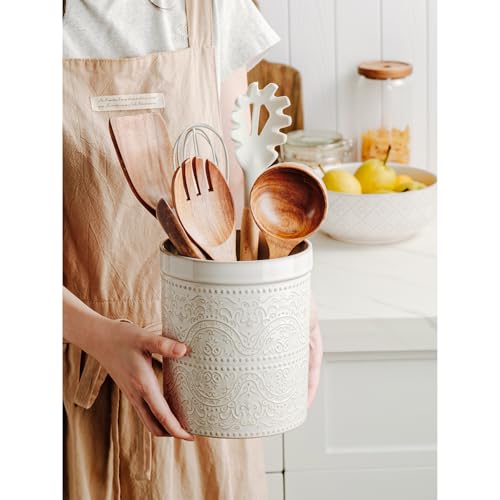 MIKIGEY Kitchen Utensil Holder, 7 Inches Large Ceramic Utensil Holder for Countertop, Lace Emboss Cooking Utensil Crocks for Kitchen, Home Decor, Off-White - Image 5