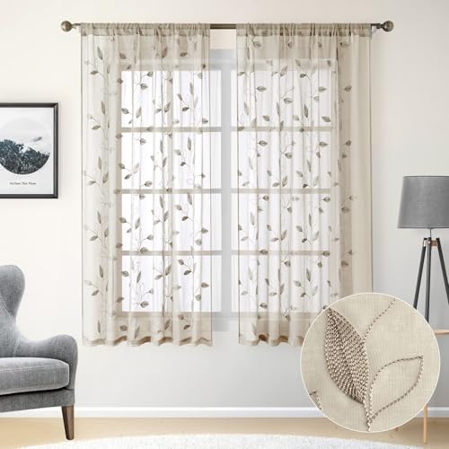 HOMEIDEAS ستائر شفافة بلون الطين HOMEIDEAS 52 × 63 بوصة طول 2 لوحات بنمط أوراق مزخرفة بيج قماش لينين مزيف زهور شبه شفافة ستائر/ستائر للنوافذ لغرفة النوم وغرفة المعيشة - Image 2