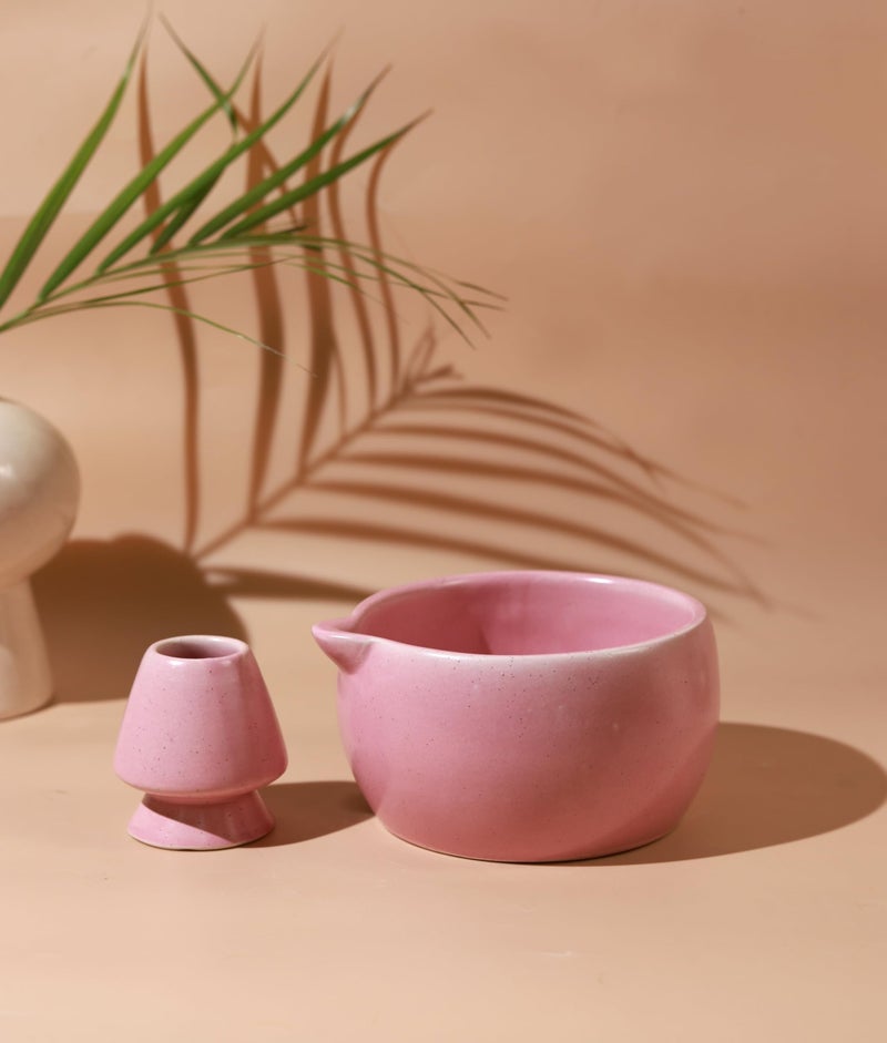 Craftribal Handmade Ceramic Solid Matcha Bowl with Whisk Holder – Pottery Chawan for Japanese Tea Ritual, Matcha Lovers & Gifting|Bowl - 5.5 inches|Holder-2.5 inches|Color-Pink - Image 1