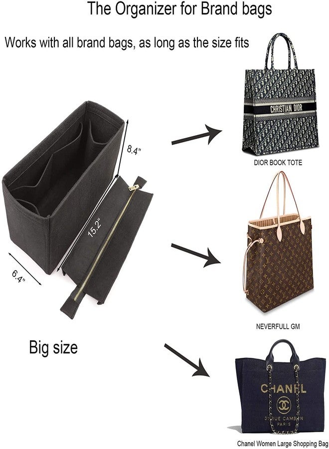 GREENSHEEP Felt Purse Organizer Insert for Handbags, Tote, Hobo Bag Storage Divider with Removable Metal Zipper Cover - Black (Small) - Image 4