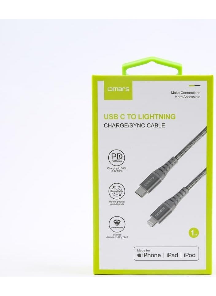 omars - iPhone Type-C to Lightning Braided Fast Charging and Data Cable 1 Meter Gray - Image 1