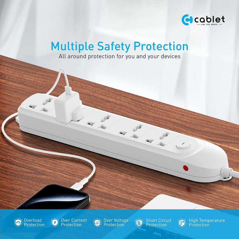 Cablet Extension Board 1500W 6A | 5 Universal Multi Plug Sockets with Surge Protector, Overload Protection, 1.8M Heavy Duty Cord, LED Indicator Master Switch, Spike Guard Power Strip for Home & Office - Image 3