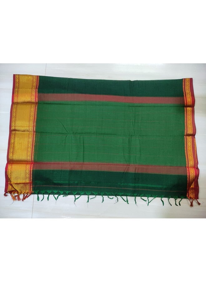 Handloom Pure Masarised cotton Saree With Running Blouse piece For Womens(Tanushri Bottle Green+Red Border)  - Image 4