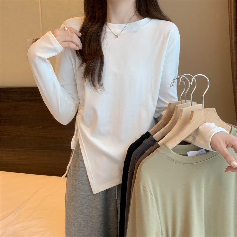 Korean-Style All-Match Long-Sleeved T-Shirt Women'S Spring Design Sense Drawstring Irregular Slim-Fit Clothes - Image 3
