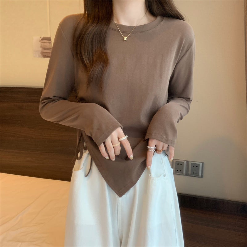 Korean-Style All-Match Long-Sleeved T-Shirt Women'S Spring Design Sense Drawstring Irregular Slim-Fit Clothes - Image 4
