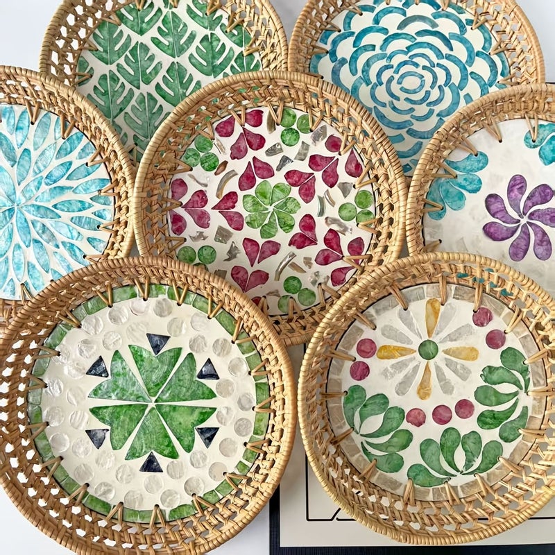 1 Handwoven Rattan Shell Tray Coffee Tea Dessert Serving Polychrome Underwater Paradise Home Decor - Image 2
