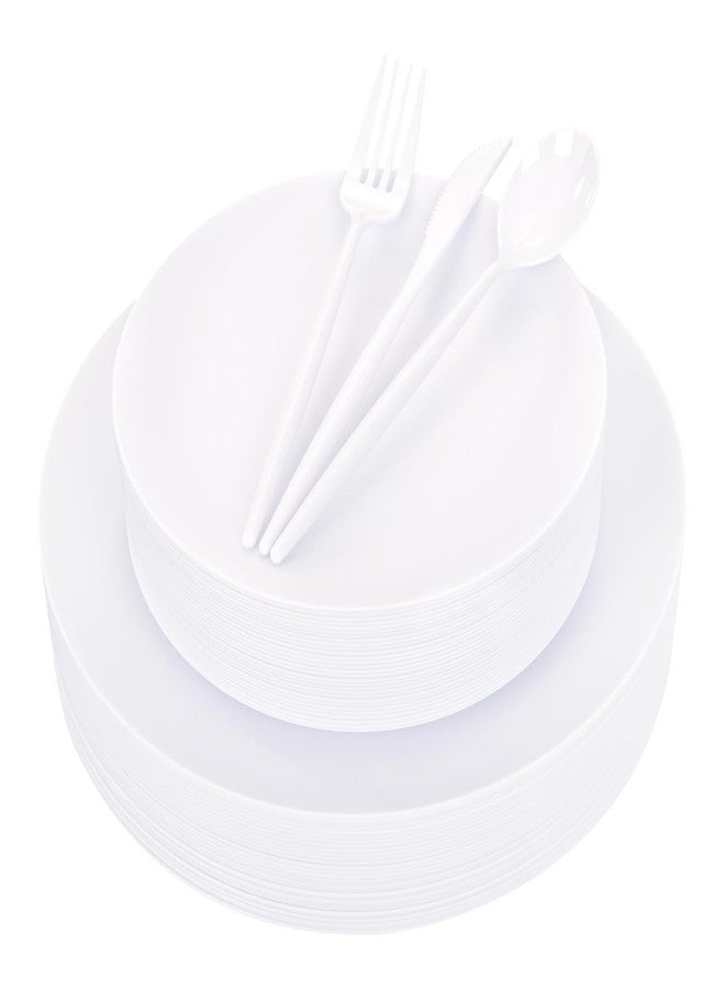 ejonirinjonir EI 150pcs White Plastic Plates Disposable,White Plate for Party,Disposable Frosted Plate with White Plastic Silverware,Heavy Duty Dinnerware set serves for 30,Perfect for Birthday Wedding Tea Party. - Image 1
