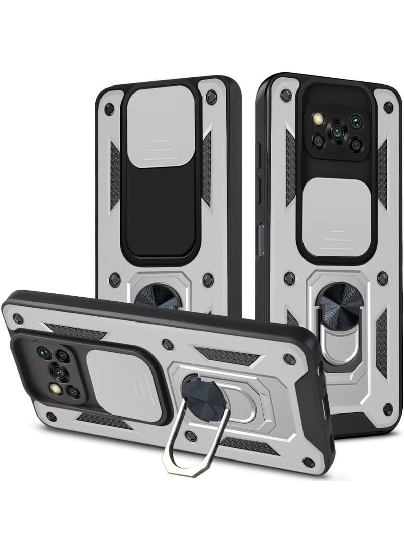 Case Cover Shock Resistant Protect Camera TPU + PC With KickStand Ring Compatible with Poco X3 Pro / Poco X3 NFC (Silver)