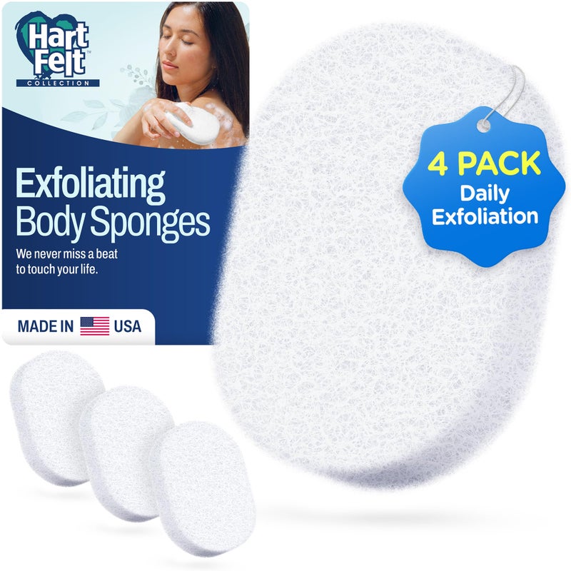 HartFelt Bath Sponges for Shower Oval Body Wash Scrubber for Exfoliating Skin Clean and Refresh Body Back Arms ChemicalFree Body Sponge Made in USA Pack of 4