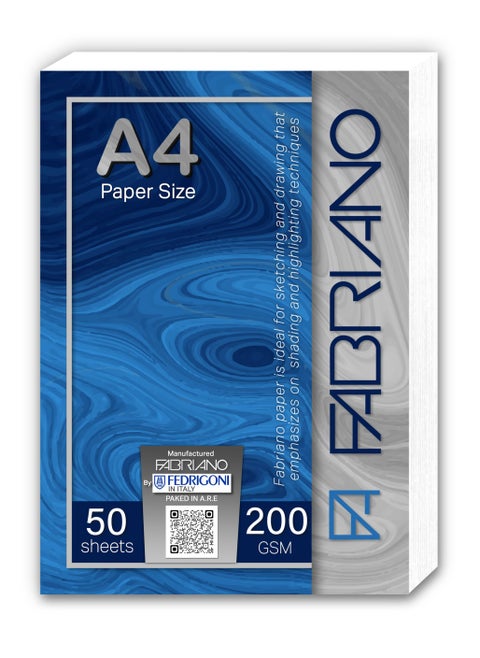 50 sheets of Fabriano white A4 size 200gsm paper suitable for drawing and printing