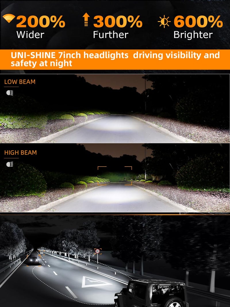 UNI-SHINE 2pcs 7 inch Led Headlight Round DOT Approved H6024 Led Headlight DRL Turn Signal Compatible with Jeep Wrangler JK TJ CJ & Miata & Chevy S3 & Hummer H1 H2 (Chrome) - Image 3