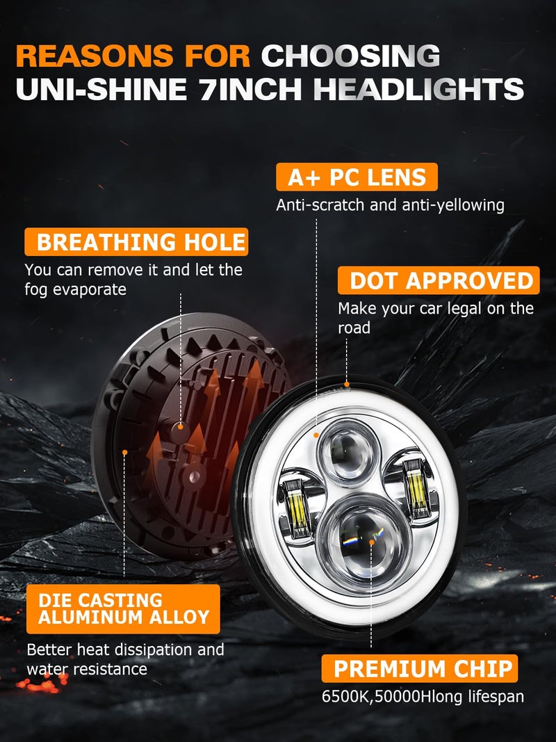 UNI-SHINE 2pcs 7 inch Led Headlight Round DOT Approved H6024 Led Headlight DRL Turn Signal Compatible with Jeep Wrangler JK TJ CJ & Miata & Chevy S3 & Hummer H1 H2 (Chrome) - Image 5
