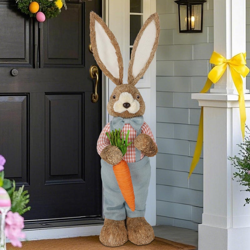 DR.DUDU 2.7FT Large Easter Bunny Decor â€“ Outdoor Easter Decorations for Porch & Home, Straw Standing Rabbit Statue with Carrots, Farmhouse Spring Decor, Entryways Photo Props (Boy) - Image 1