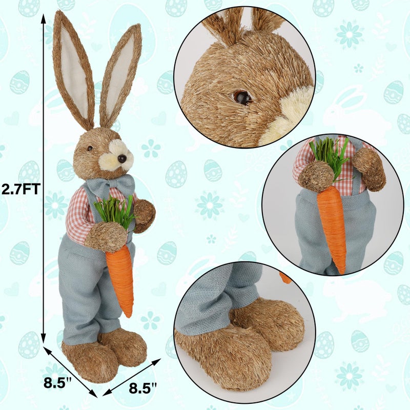 DR.DUDU 2.7FT Large Easter Bunny Decor â€“ Outdoor Easter Decorations for Porch & Home, Straw Standing Rabbit Statue with Carrots, Farmhouse Spring Decor, Entryways Photo Props (Boy) - Image 3