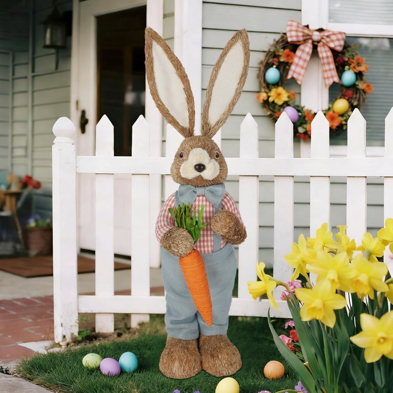 DR.DUDU 2.7FT Large Easter Bunny Decor â€“ Outdoor Easter Decorations for Porch & Home, Straw Standing Rabbit Statue with Carrots, Farmhouse Spring Decor, Entryways Photo Props (Boy) - Image 2