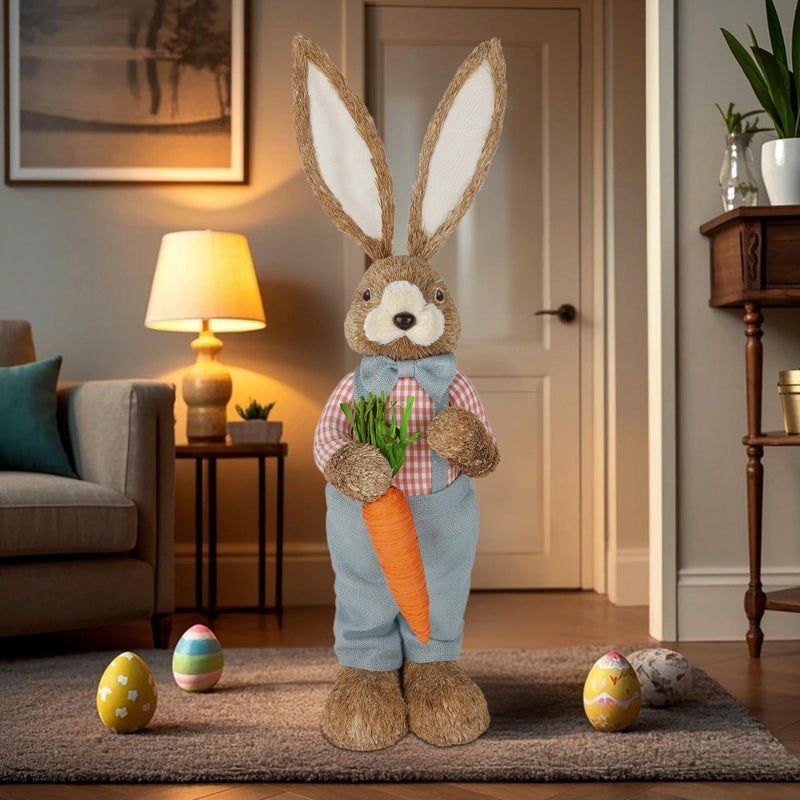 DR.DUDU 2.7FT Large Easter Bunny Decor â€“ Outdoor Easter Decorations for Porch & Home, Straw Standing Rabbit Statue with Carrots, Farmhouse Spring Decor, Entryways Photo Props (Boy) - Image 4