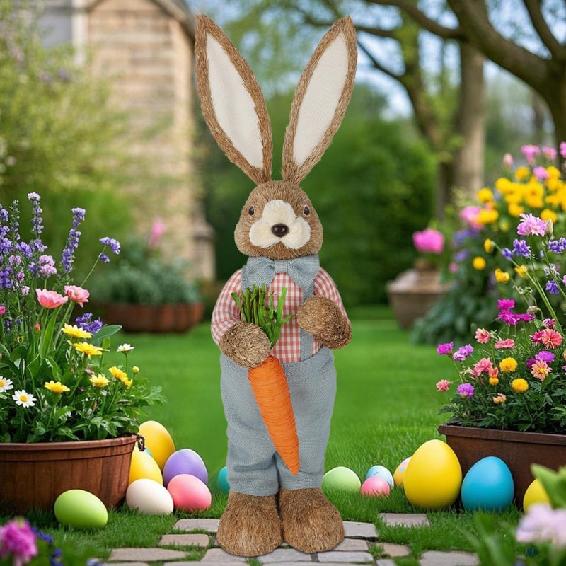 DR.DUDU 2.7FT Large Easter Bunny Decor â€“ Outdoor Easter Decorations for Porch & Home, Straw Standing Rabbit Statue with Carrots, Farmhouse Spring Decor, Entryways Photo Props (Boy) - Image 5