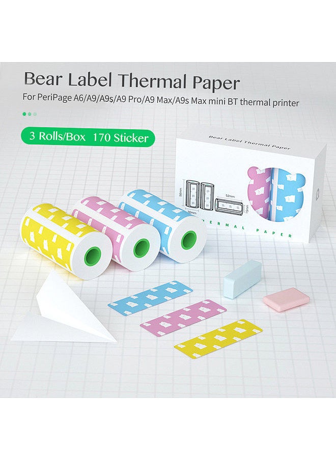PeriPage 3 Rolls Label Thermal Paper Sticker Cute Bear Pattern Self-Adhesive Printable Paper Roll Label Paper Clear Printing Waterproof Oil-proof Anti-friction 52x15mm 170 Labels/Roll  - Image 5