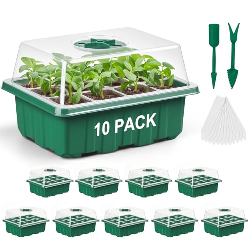 WFOEJEJ 10 Pack Seed Starter Tray Seed Starter Kit (120 Cells Total Tray) with Adjustable Humidity Dome, Plant Germination Trays, Seed Starting Trays Mini Greenhouse Germination Kit for Seeds Growing Starting - Image 1